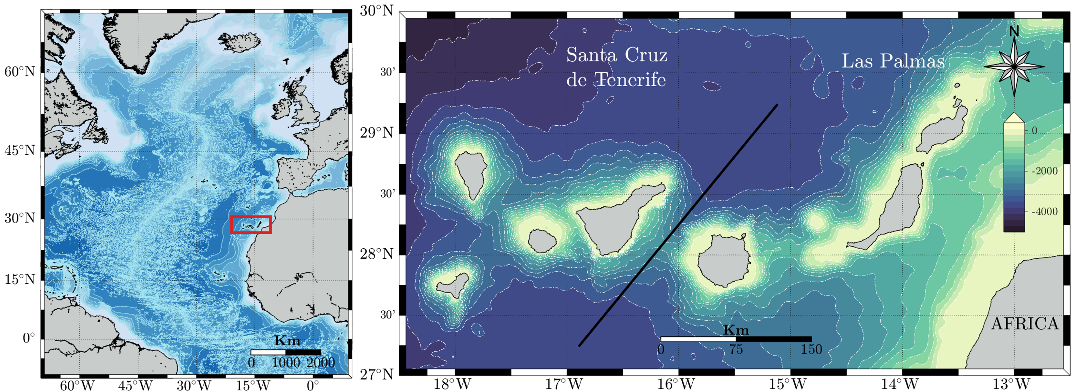 Location of Canary Islands (left). Zoom of the Canary Islands with a separation line between the two provinces: Santa Cruz de Tenerife and Las Palmas (right)